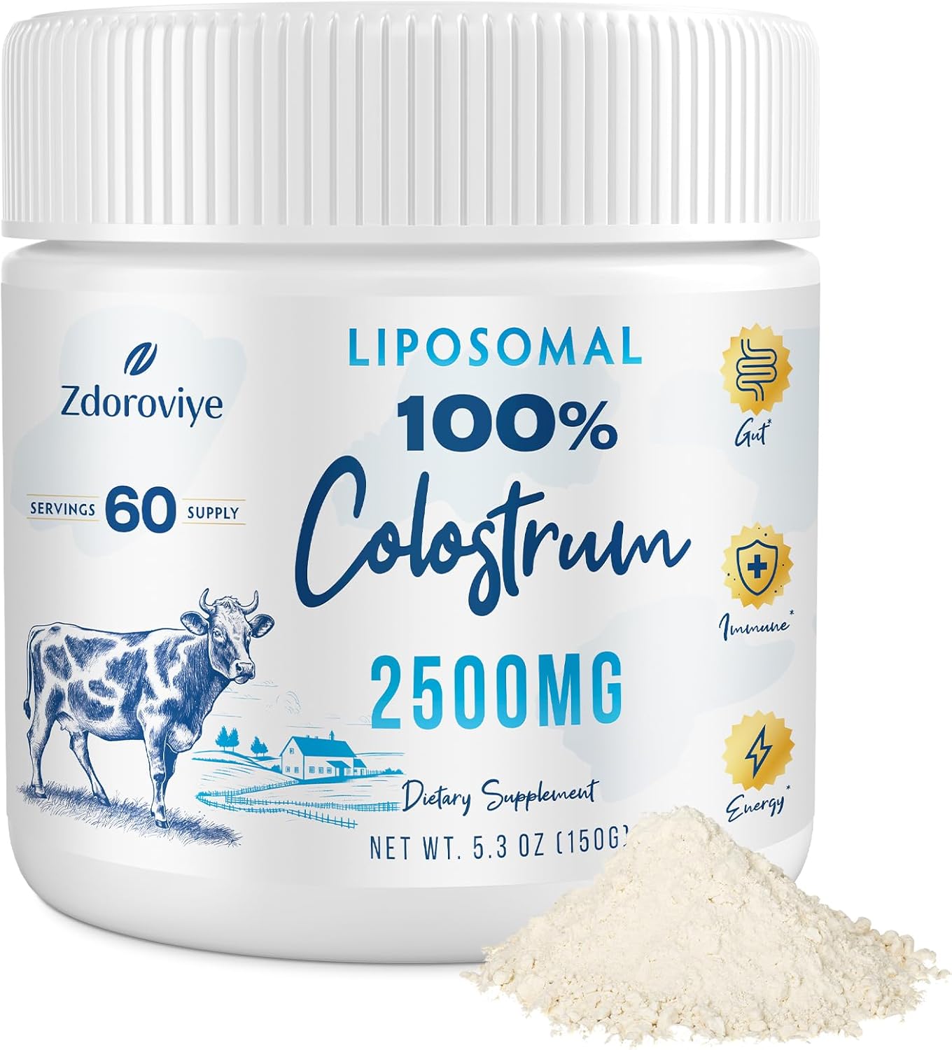 Suplemento en polvo de calostro bovino liposomal, 2500 mg, de vacas alimentadas con pasto, alta absorción que el calostro bovino regular para