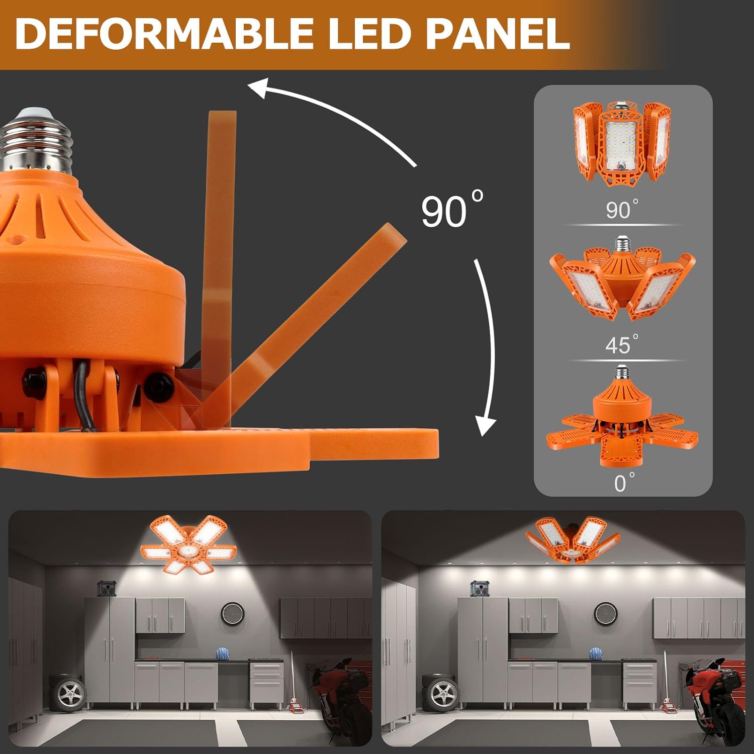 Luz de garaje de 185 W, luz LED naranja de 18500 lm con 6+1 paneles deformables, luces LED de techo de garaje compatibles con base E26E27 para