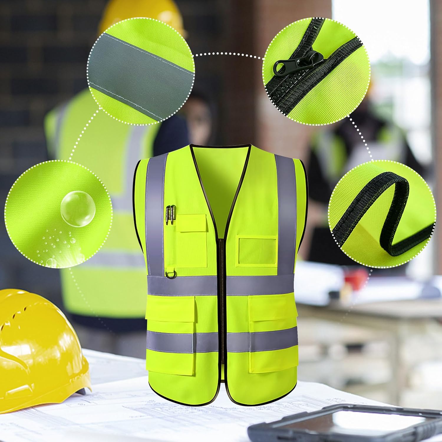 Chaleco de seguridad personalizado para hombres con bolsillos de logotipo, chalecos reflectantes de alta visibilidad, ropa de trabajo de seguridad