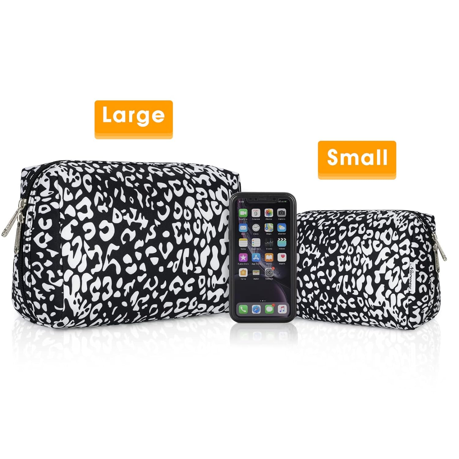 Bolsa de maquillaje grande con cremallera, organizador de cosméticos de viaje para mujeres (grande, leopardo negro)
