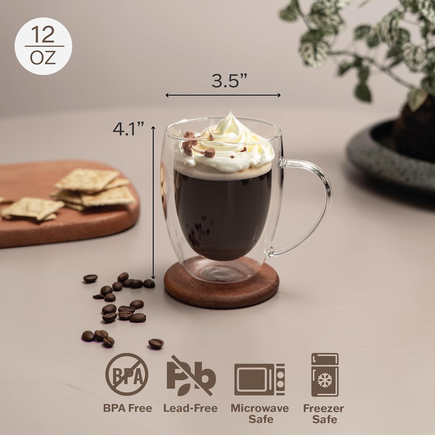 POWERLIX Paquete de 2 tazas de café transparentes de doble pared de 12 onzas con asa, aislamiento de vidrio de doble pared, tazas de vidrio