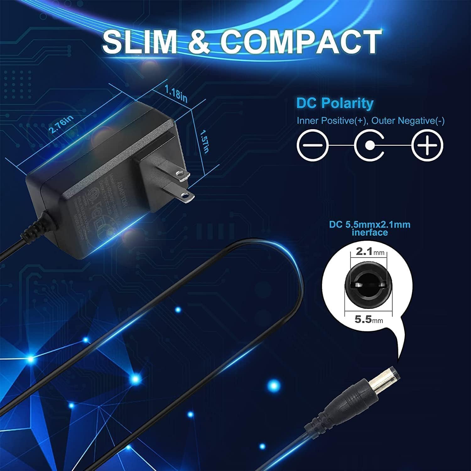 Adaptador de fuente de alimentación de 12V 2A, CA 100-240V a CC 12V 2000mA 24W 0.217 in* 0.083 in adaptador con conector de barril hembra CC a