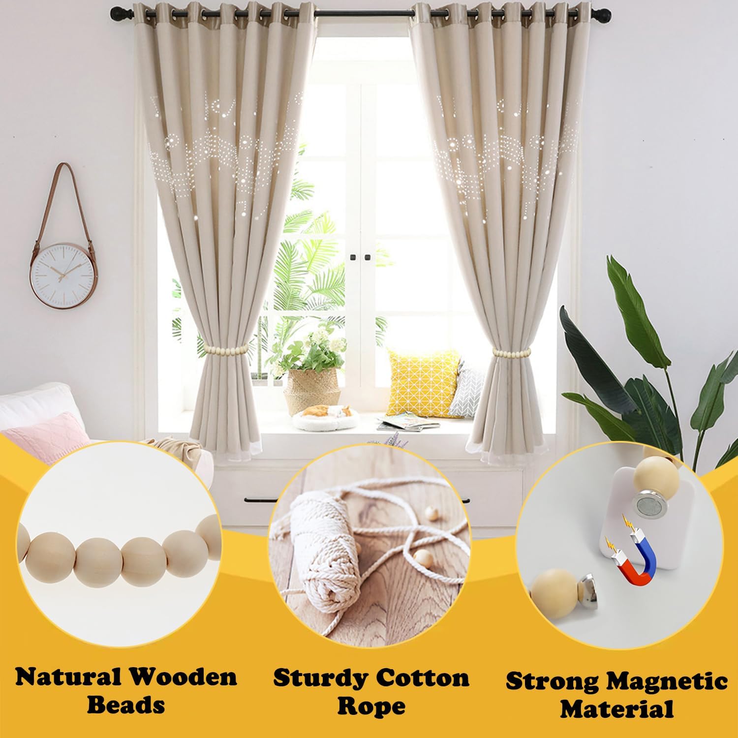 HIASTRA Abrazaderas magnéticas para cortinas con cuentas de madera, soporte de cortina decorativo bohemio, para exteriores, cortinas naturales para