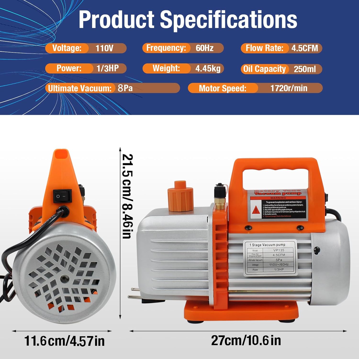 BACOENG Bomba de vacío de 4.5CFM, bomba de vacío de paletas rotativas de una sola etapa de 110 V 13 HP con aceite, para R12 R22 R134a R410a AUTO AC
