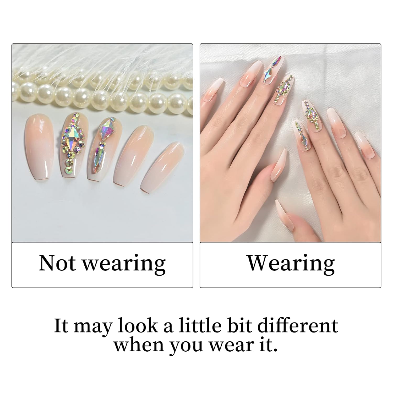 EchiQ – Uñas de lujo personalizadas con piedras grandes decoradas para uñas de lujo en forma de ataúd de color degradado, uñas naturales con
