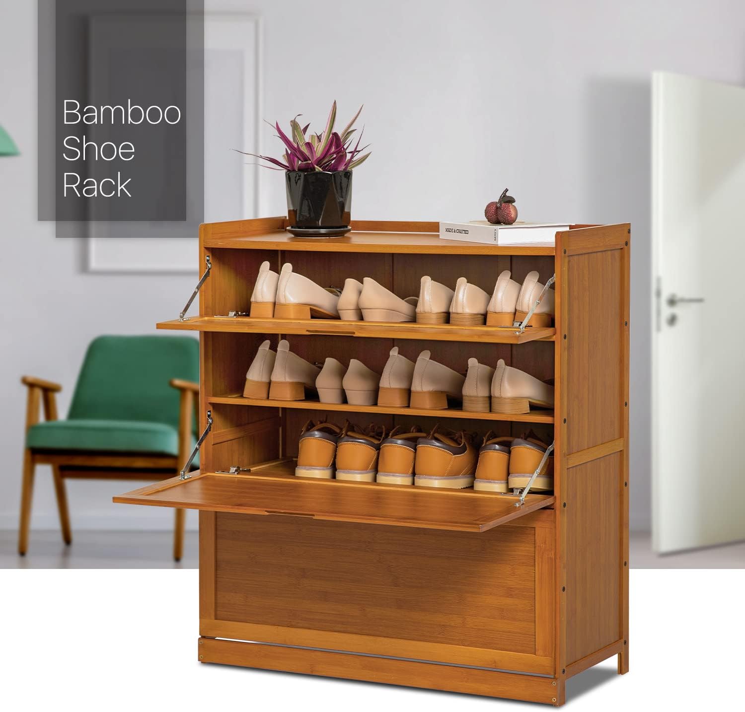 MoNiBloom Estante organizador de zapatos de bambú de 5 niveles con puerta abatible, 20 pares de botas de tacón alto, entrada de pasillo, color marrón