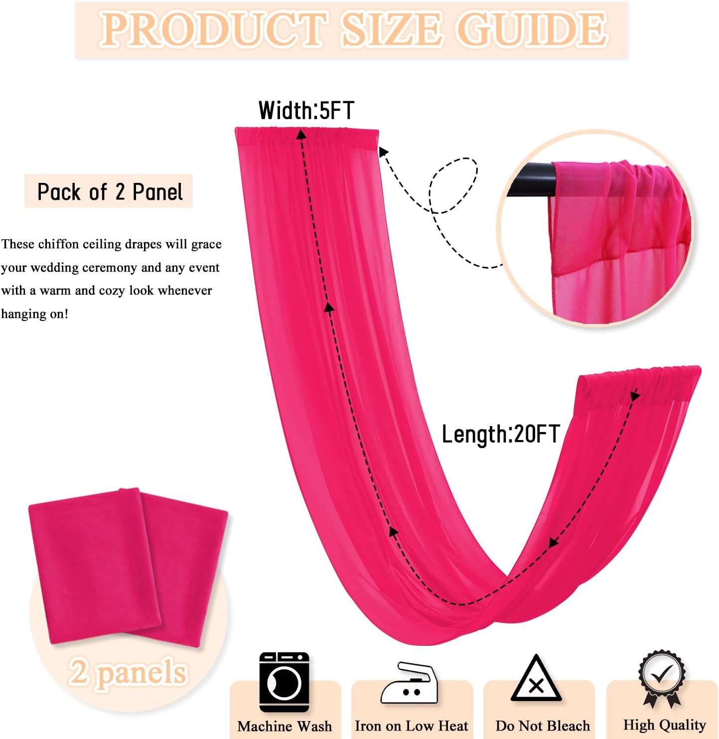 PATYDEST Cortinas de techo para bodas, 5 x 20 pies, tela de gasa rosa intenso para ceremonia de boda, cortinas de techo de tela transparente,