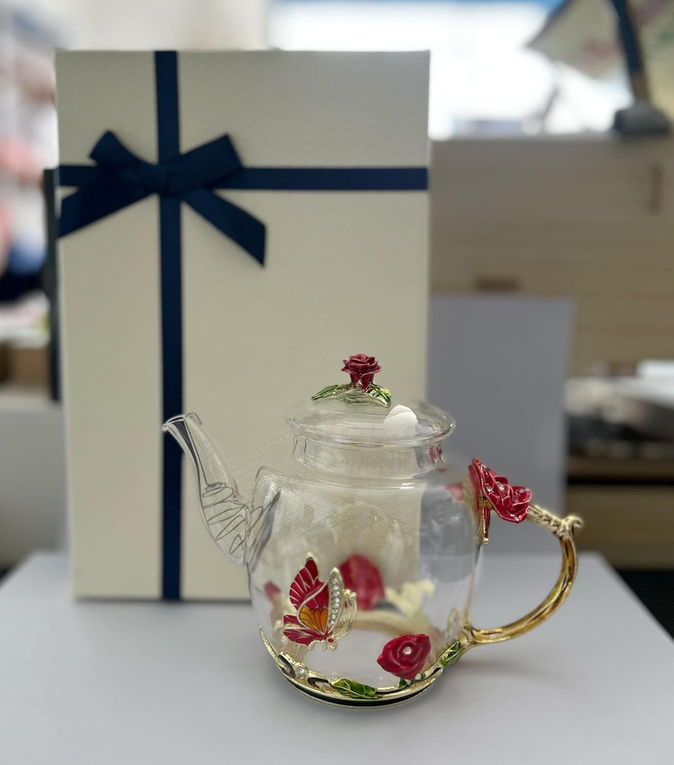Tetera creativa de cristal de flores para té de Kung Fu, buen regalo para hermana, mamá, abuela, profesores (rosa roja)