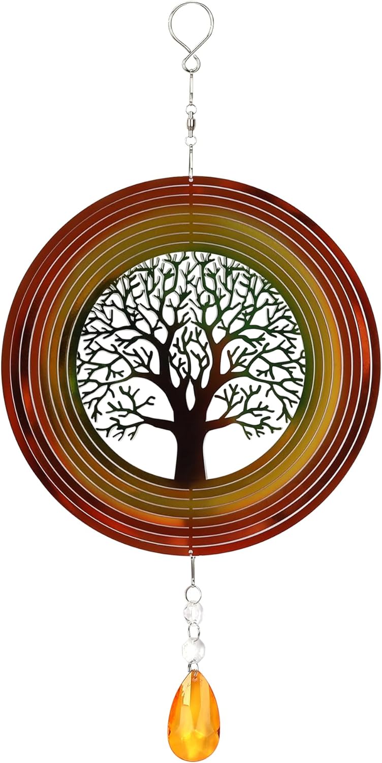 Tree Life – Molinillo de viento 3D de acero inoxidable para decoración de jardín en interiores y exteriores, adornos para manualidades, 8 pulgadas,