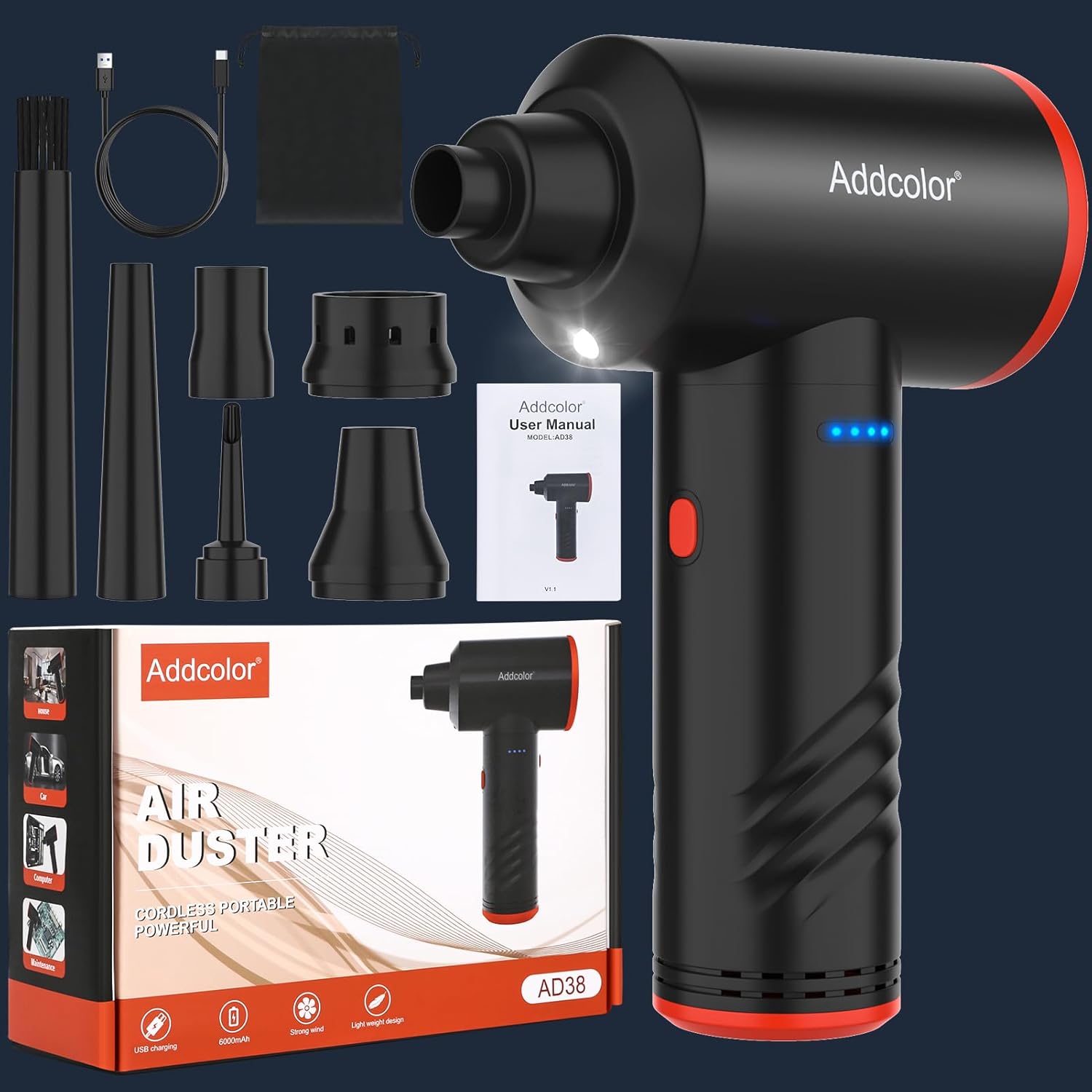 Plumero de aire comprimido con batería de 6000 mAh, limpiador de teclado eléctrico ADDCOLOR AD-38 para oficina, 3 velocidades de viento ajustables