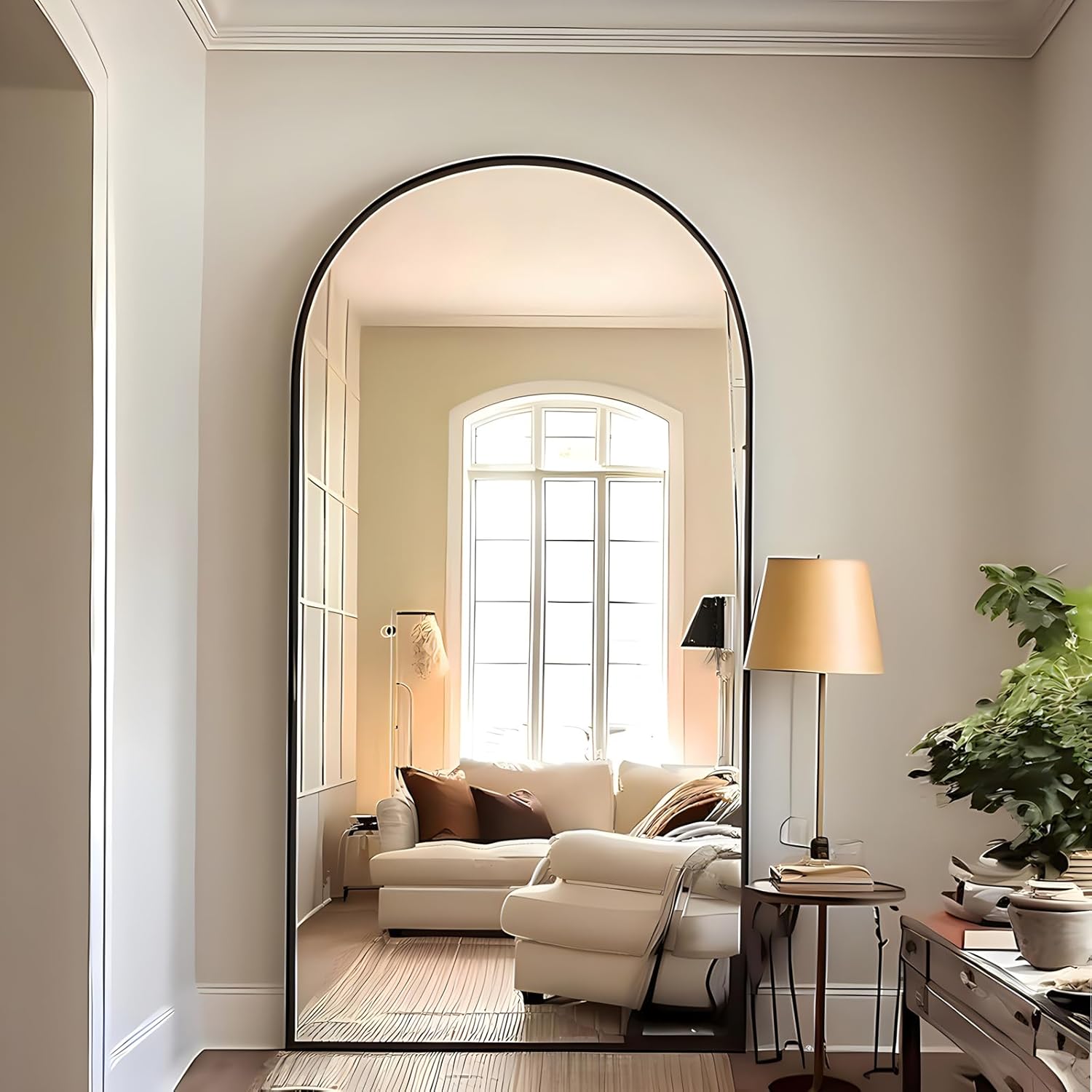 SUFOR Espejo arqueado de longitud completa de 71 x 32 pulgadas, espejo de pie para colgar o inclinarse, espejo de pared de arco con soporte, marco