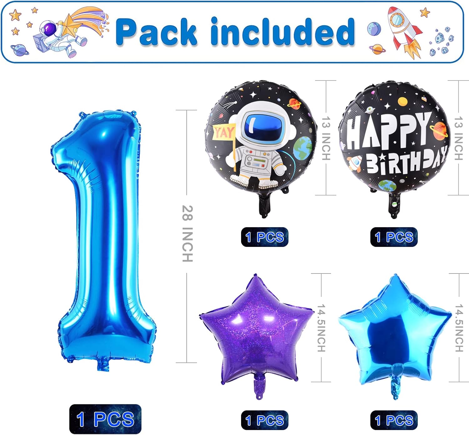 TMCCE 11 globos de aluminio con temática espacial para decoración de fiesta de cumpleaños con temática espacial de astronauta para el primer espacio