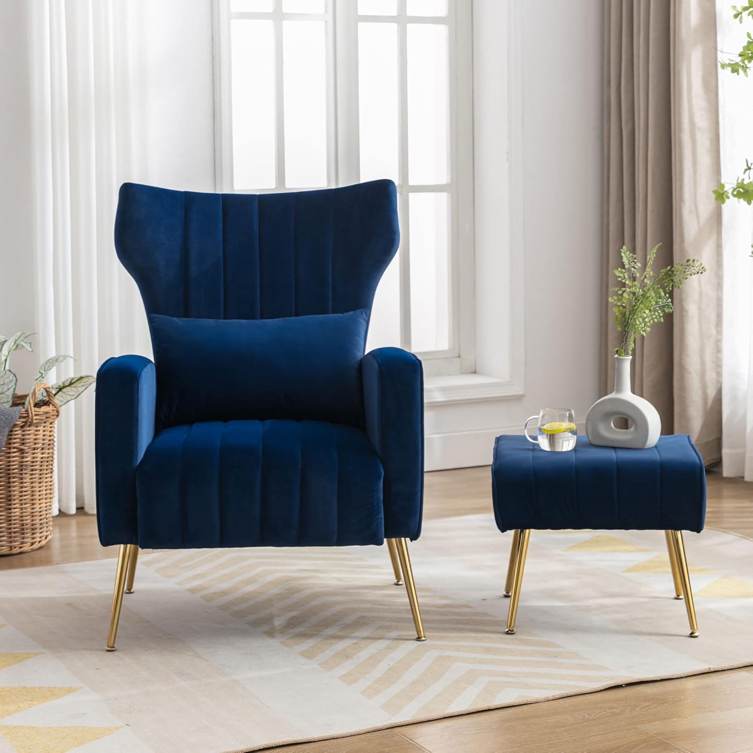 DM Furniture Silla decorativa con terciopelo otomano, moderna silla de club con respaldo alado, sillón de lectura tapizado con patas de metal dorado