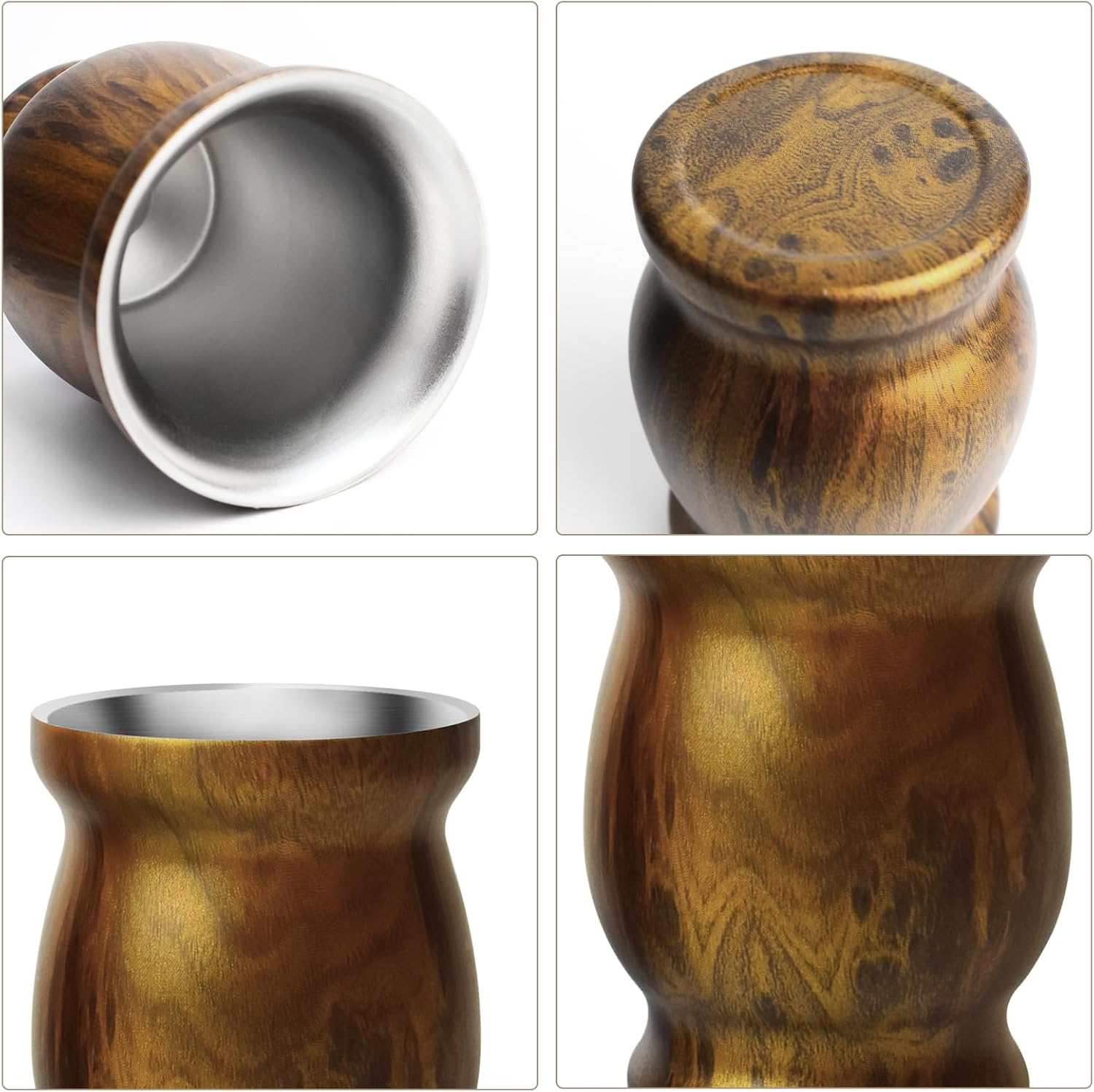 Artcome Juego de 4 tazas de yerba mate de acero inoxidable  1 taza mate de acero inoxidable de doble pared de 8.5 onzas (madera), 2 bombillas (paja