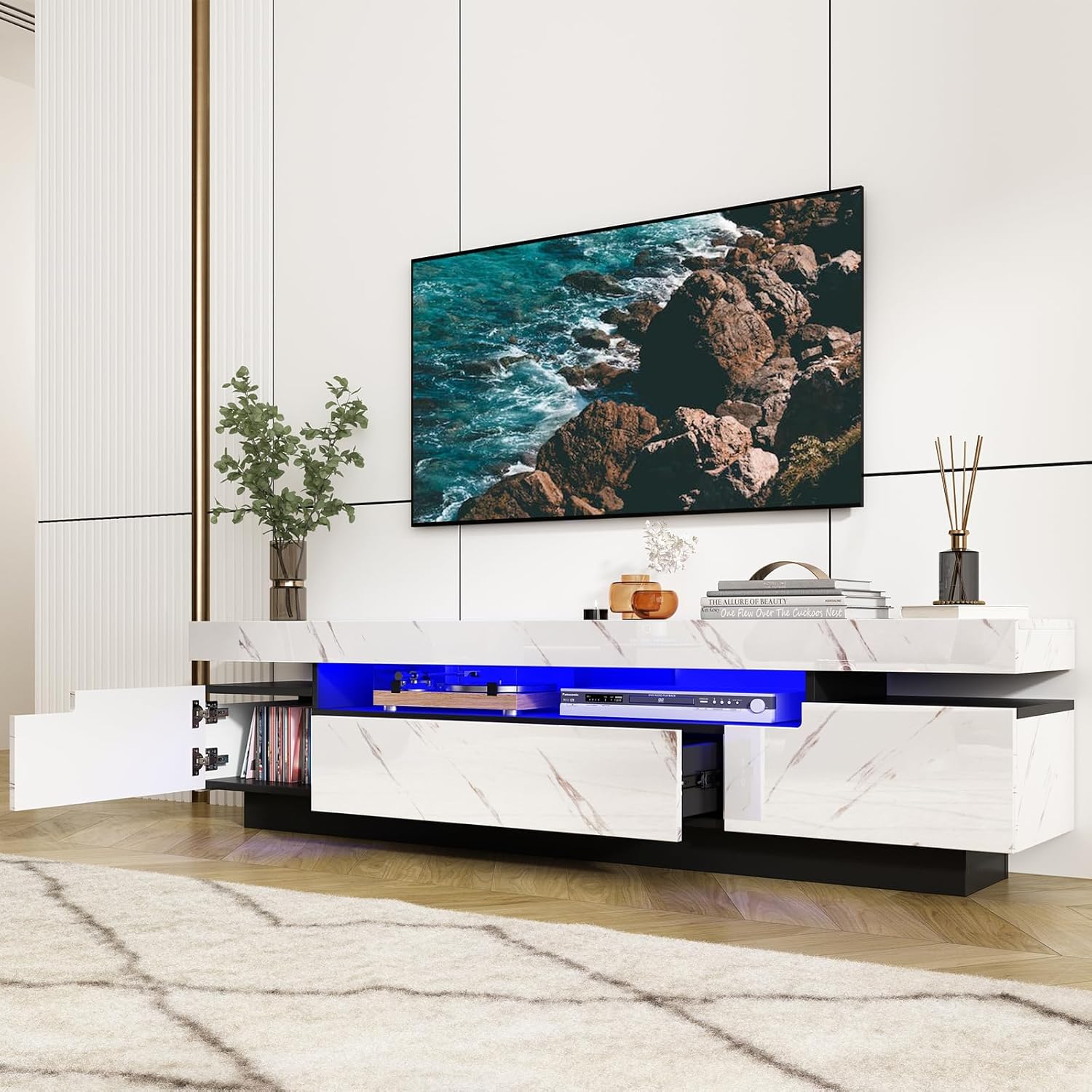 Soporte de TV blanco de 70 pulgadas para TV de 7580 pulgadas, moderno soporte de TV LED para sala de estar, centro de entretenimiento de alto brillo