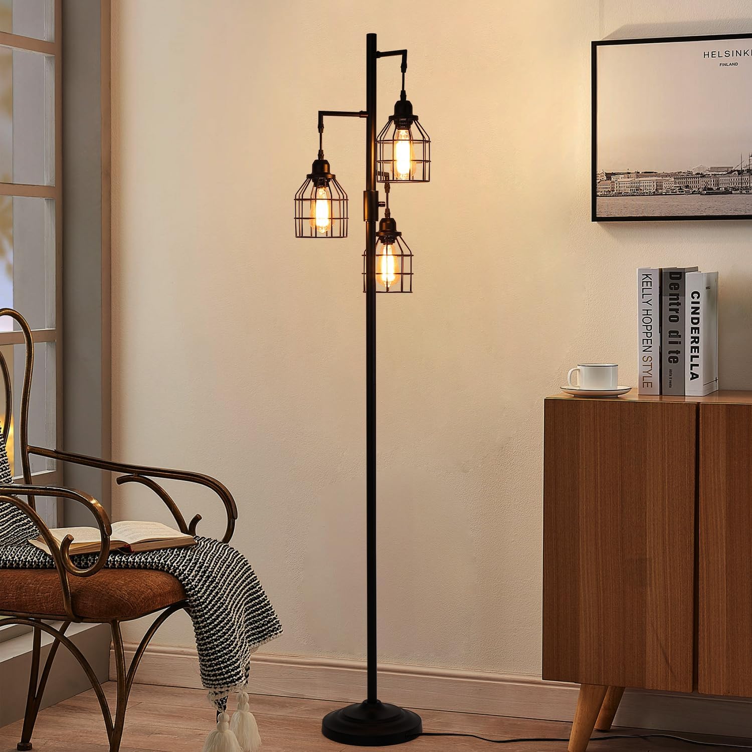 9MMML Lámpara de pie para sala de estar, lámpara de pie industrial regulable de granja, 3 luces de jaula de metal, 68 pulgadas, 3 bombillas LED