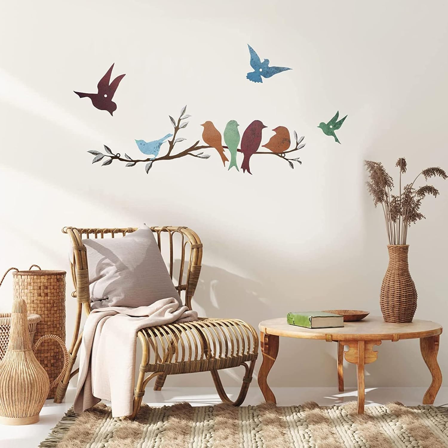 Eaarliyam Decoración de pared de metal, decoración de patio de pájaros de metal, decoración de pared con hojas con pájaros, escultura de metal,