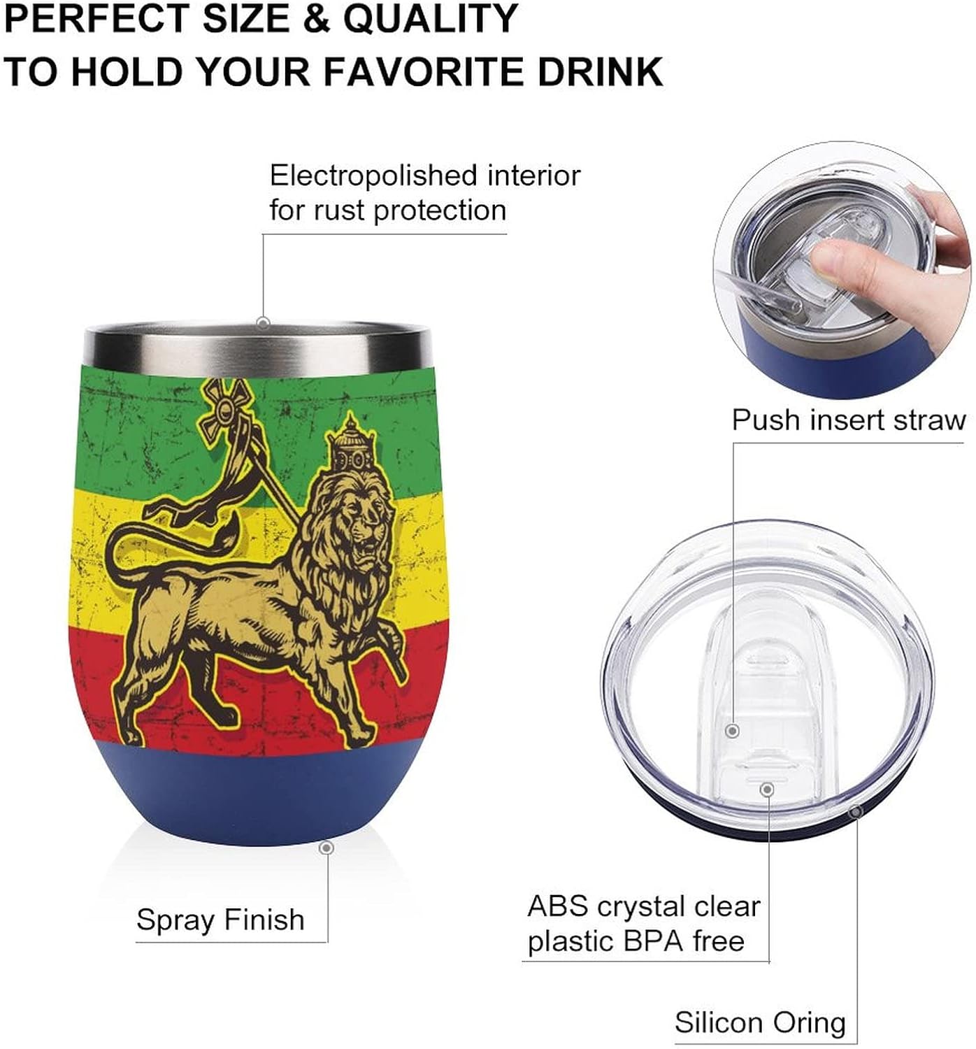 Vaso de vino aislado de 12 onzas con tapa con la bandera del león de Judá, reutilizable, doble pared al vacío, taza de café de acero inoxidable que