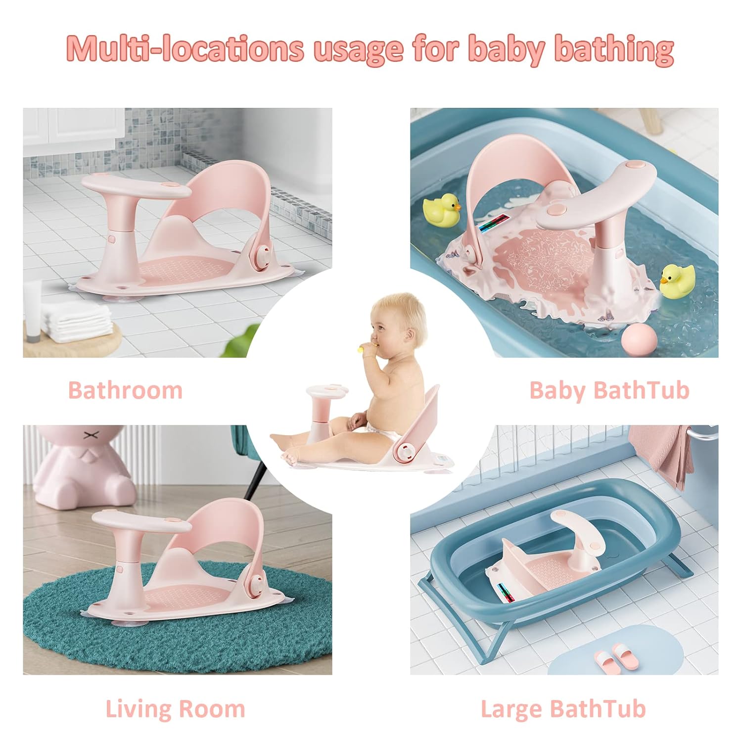 Asiento de baño para bebé Original  3 juguetes de baño + gorro de ducha + cepillo de baño + termómetro + taza de enjuague  4 ventosas