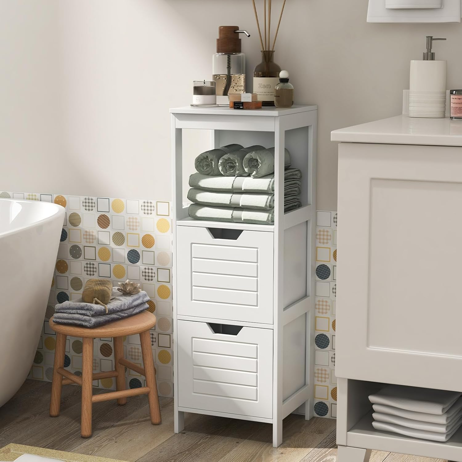 GLACER Armario de suelo de baño, armario de almacenamiento lateral de madera con dos cajones extraíbles para almacenamiento flexible, adecuado para