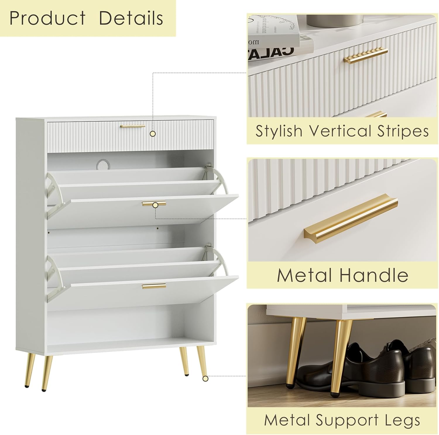 Acodaiuy Gabinete de almacenamiento de zapatos con 2 cajones abatibles, organizador de zapatos de pie para entrada, color blanco