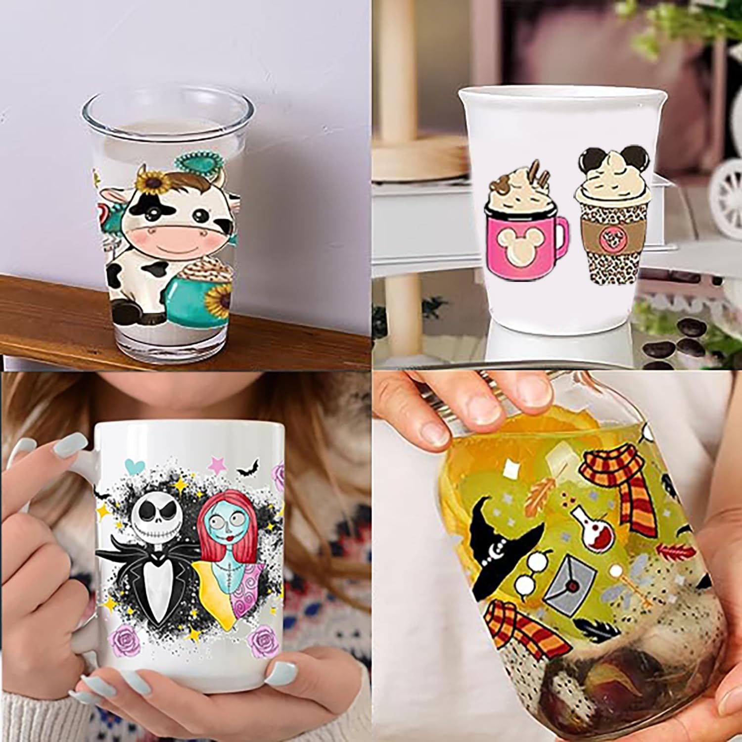 Adhesivos de transferencia UV DTF para tazas de vidrio, 15 hojas impermeables de película transparente frotar en transferencias calcomanías para