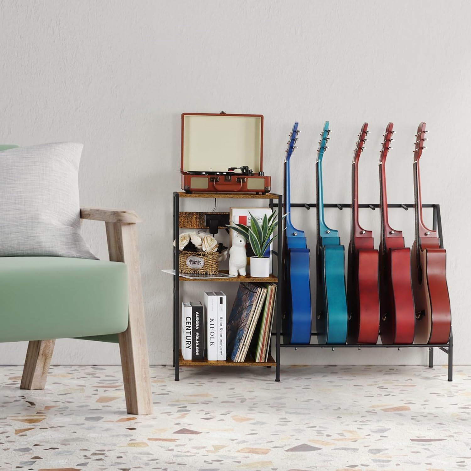 OYEAL Soporte para guitarra eléctrica con almacenamiento de discos de vinilo, soporte para múltiples guitarras con estación de carga para acústico,