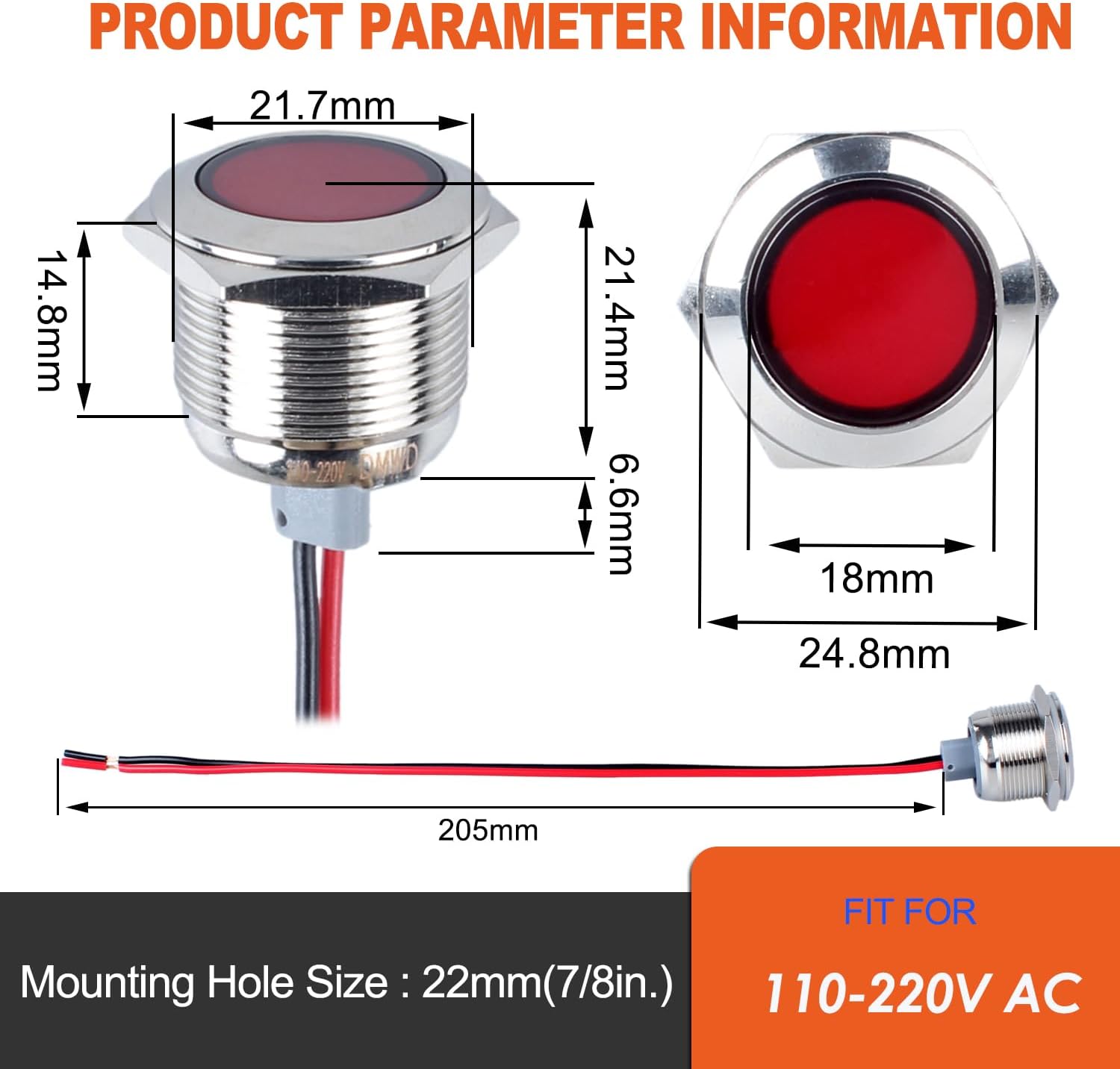 DMWD 2PCS 0.866 in Metal Indicator Light Orificio de montaje 78 “, 110-220VAC 20mA Impermeable IP67 Lámpara LED Piloto Dash Lámpara Cabeza Plana con