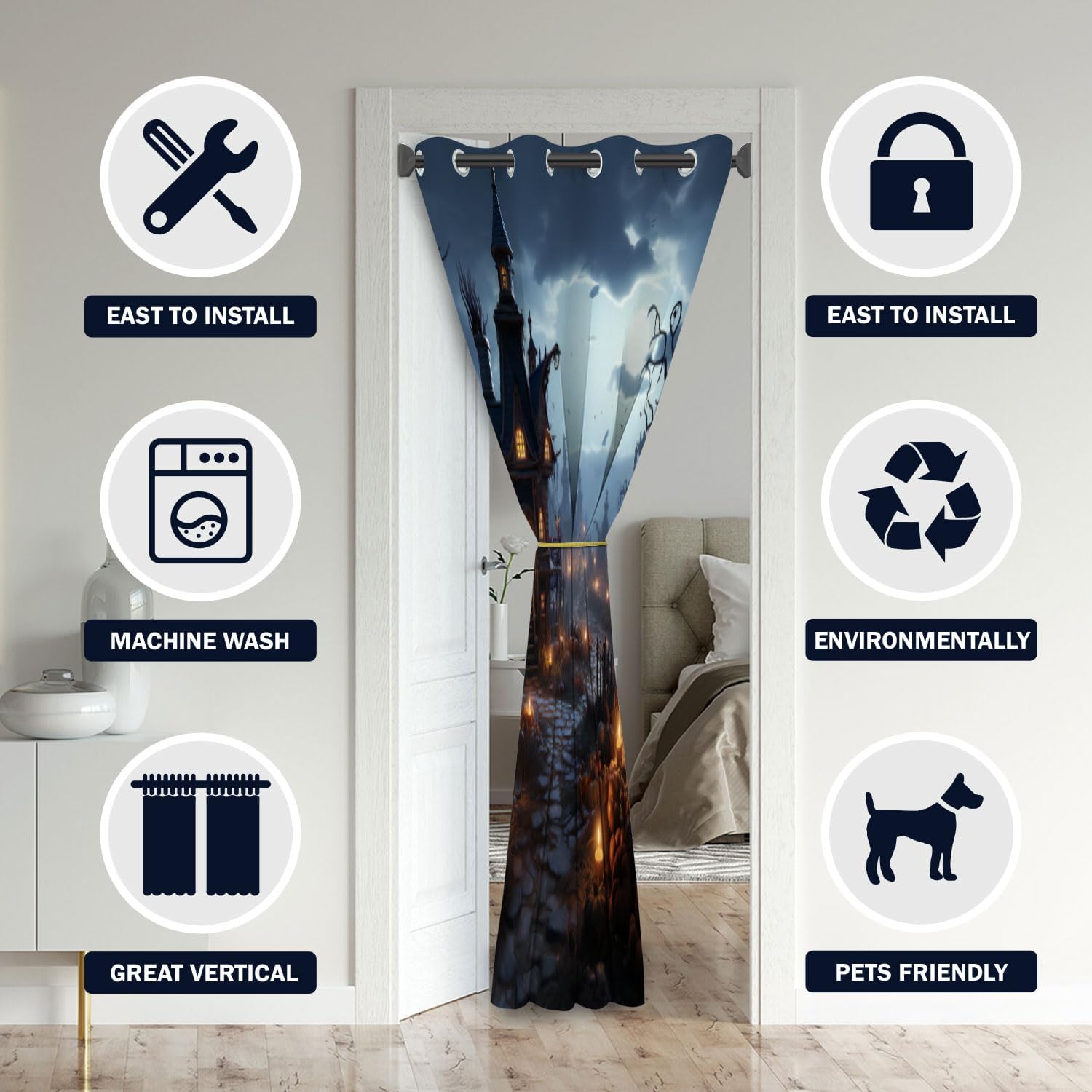 Cortinas de puerta de Halloween para puertas, aterradoras y espeluznantes cortinas opacas de calabaza para armario de dormitorio de niños,