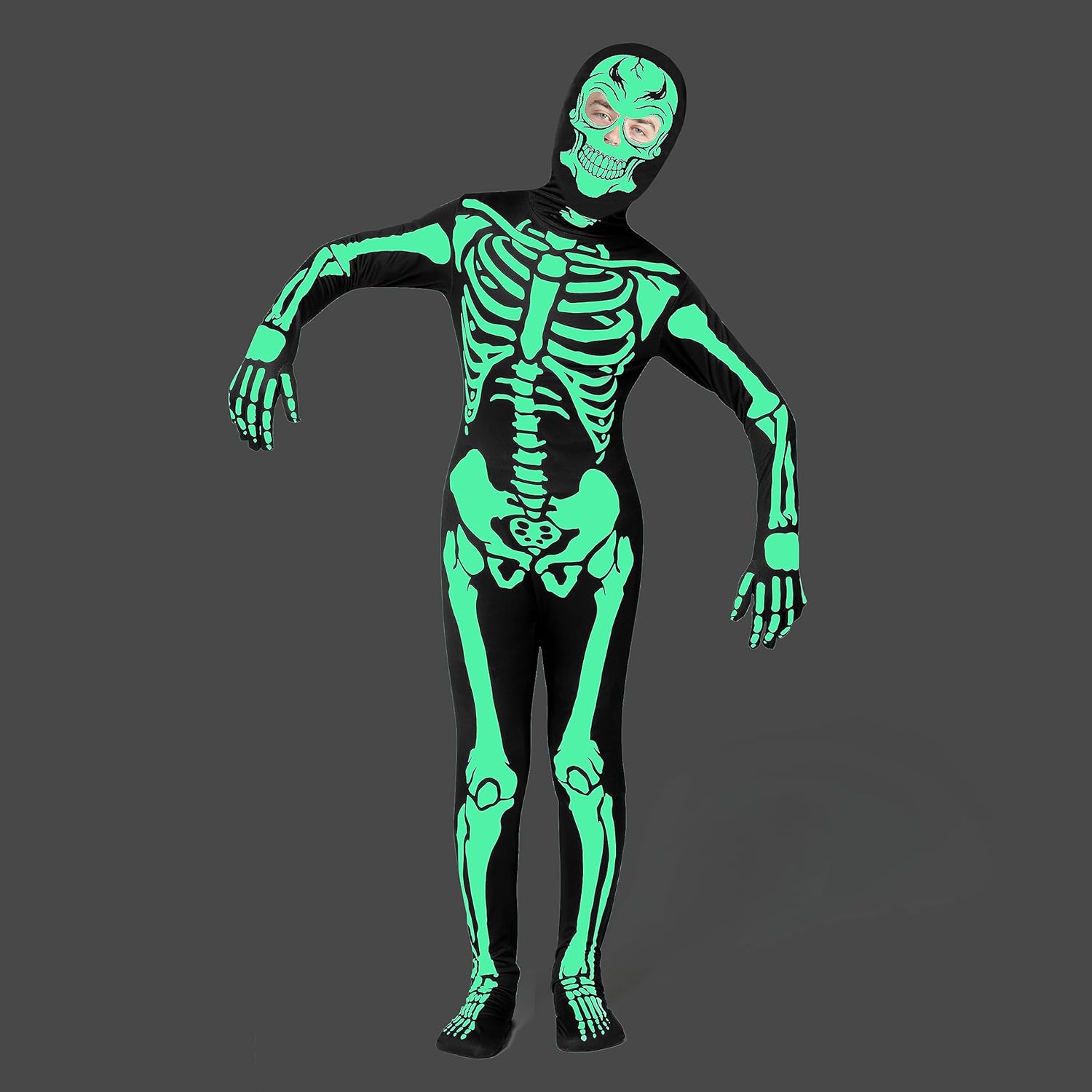 Spooktacular Creations Disfraz de esqueleto para niños, body con capucha de esqueleto negro que brilla en la oscuridad para niños y niñas