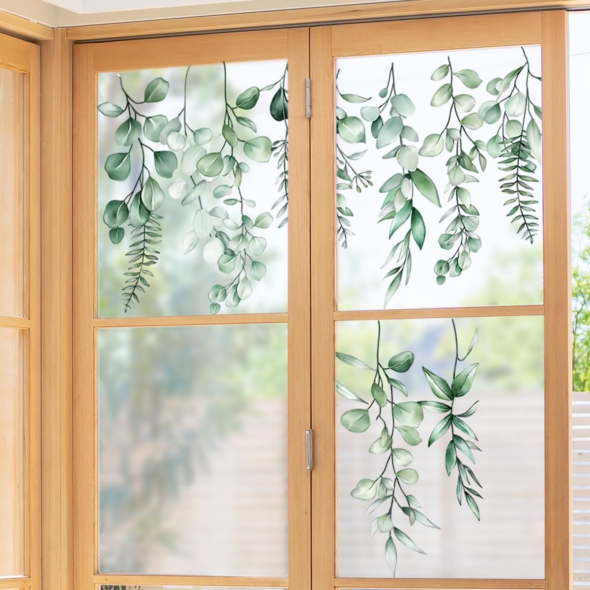 Calcomanías de ventana de hojas verdes, enredaderas colgantes, flores, estáticas, removibles, de doble cara, calcomanías de ventana para el hogar,