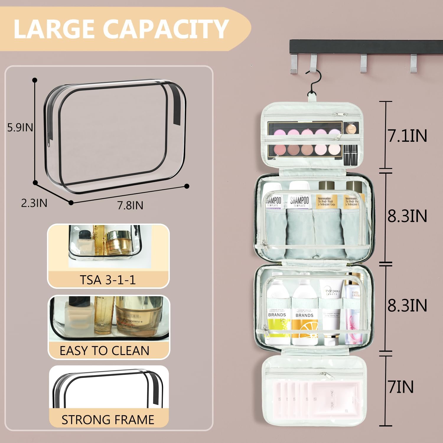 VLM Neceser de viaje, organizador de maquillaje con bolsa de cosméticos transparente aprobada por la TSA, artículos esenciales de viaje, accesorios