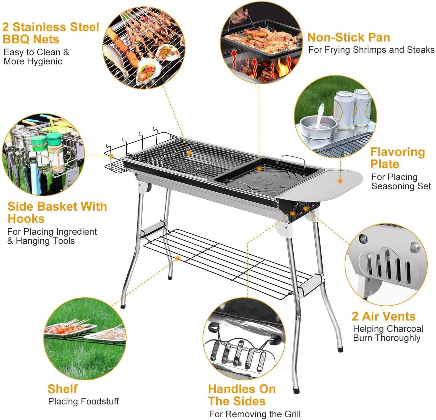 TeqHome Parrilla de carbón portátil, plegable y mejorada, parrilla de carbón grande con estante de tablero y cesta de almacenamiento de sabor, marco