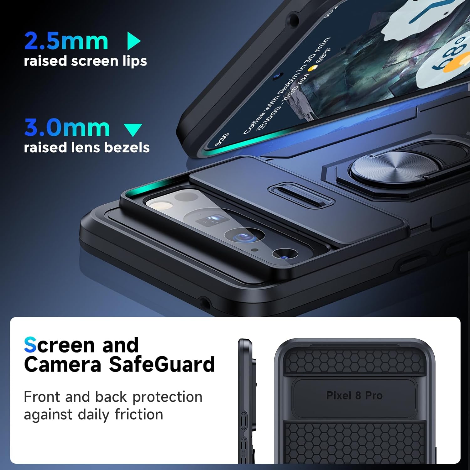 Simtect Funda para Google Pixel 8 Pro con cubierta de cámara, protección militar contra caídas de 14 pies soporte de anillo de rotación de 360 Funda