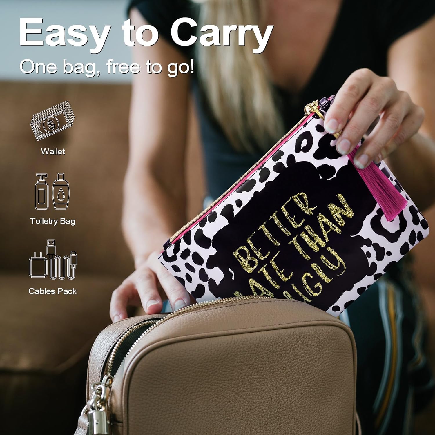 WOOMADA Bolsa de maquillaje grande con cremallera, organizador portátil de cosméticos de viaje para mujeres, regalos y accesorios, organizador de