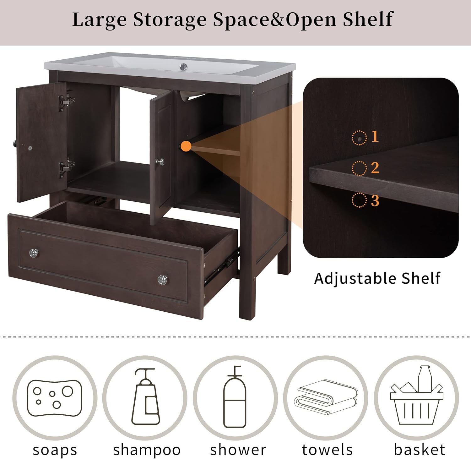 P PURLOVE Mueble de baño de 30 pulgadas con fregadero, armario de almacenamiento de baño con puertas y cajones, moderno juego de lavabo de madera