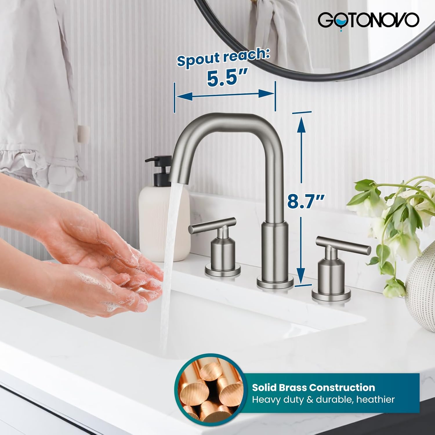 gotonovo Grifo de lavabo de baño de 3 agujeros y 2 asas con drenaje desplegable con válvulas mezcladoras frías y calientes de 8 pulgadas, grifo de