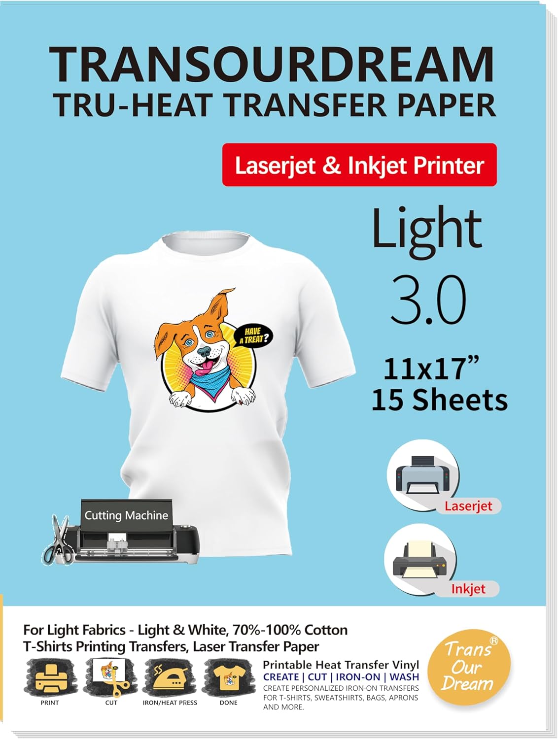 TransOurDream Papel de transferencia de calor para camisetas de luz blanca (15 hojas, 11 x 17 pulgadas, luz 3.0) vinilo de transferencia de calor