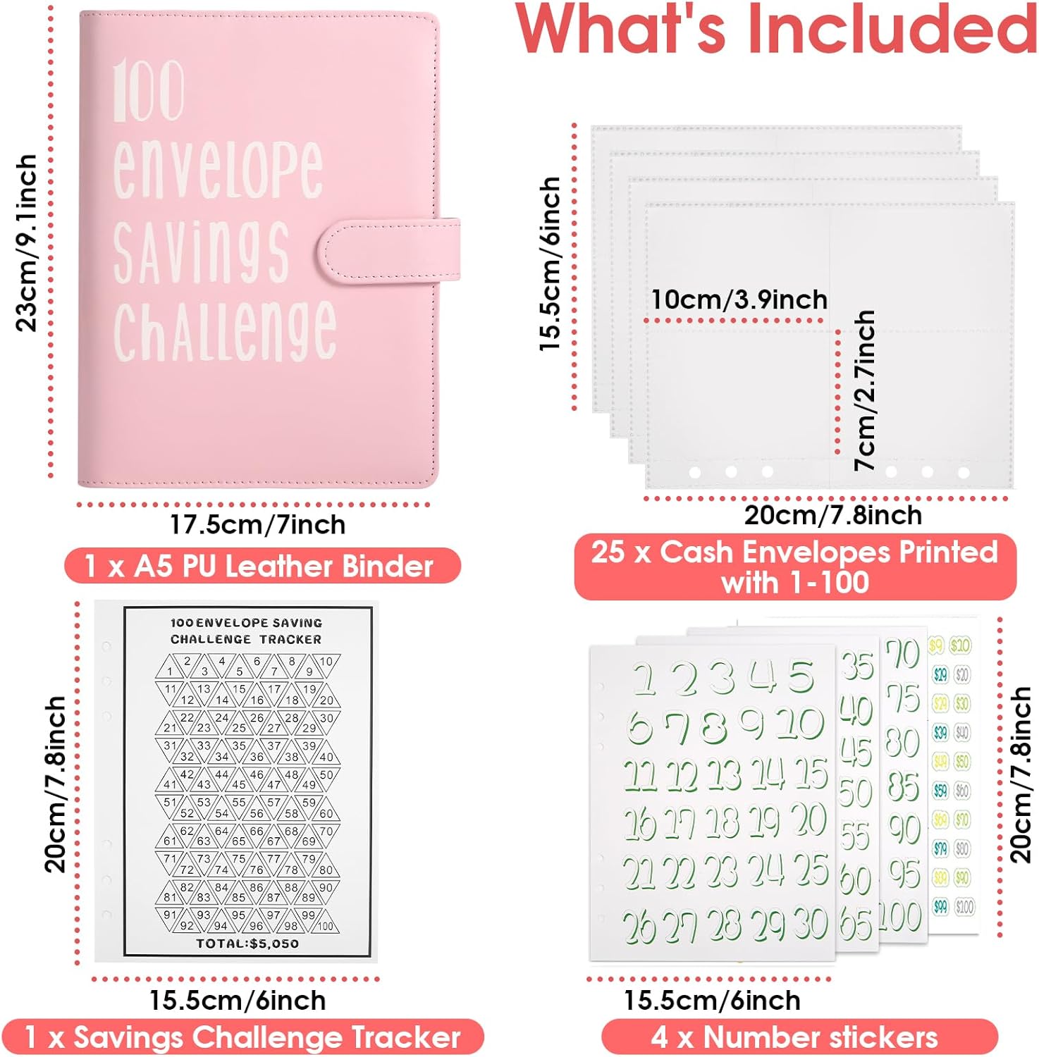 Libro de desafíos de ahorro de dinero con 100 sobres, carpeta de presupuesto A5 con 100 bolsillos, calcomanías de números y una hoja de rastreo,