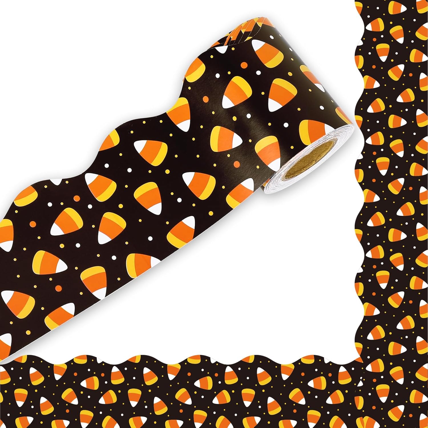 Whaline Tablero de anuncios de Halloween de 32.8 pies con borde troquelado de maíz de caramelo, borde festoneado para aula, decoración para la