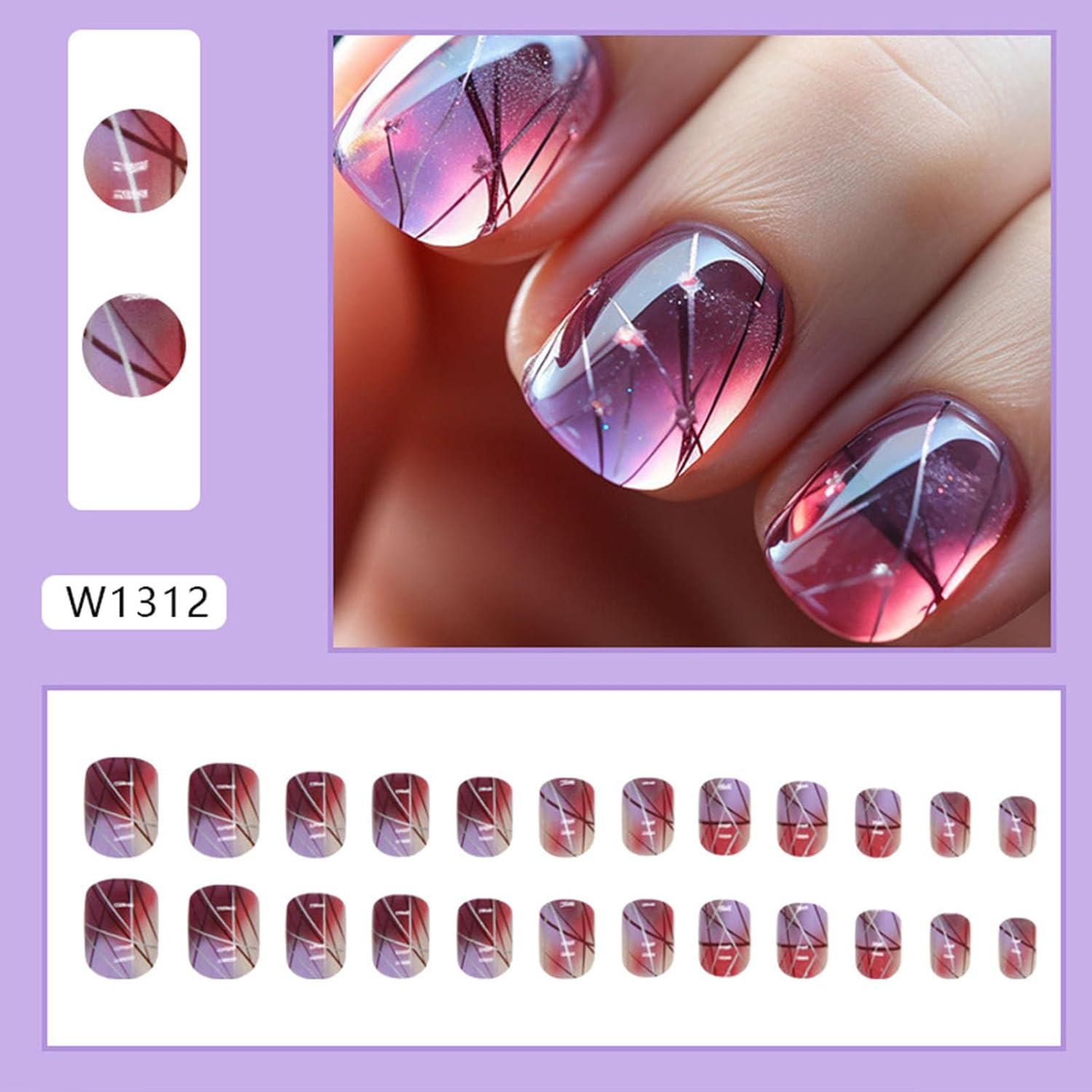 Uñas postizas cuadradas cortas a presión, uñas postizas con patrón de diseños, uñas acrílicas brillantes con pegamento, cobertura completa, uñas