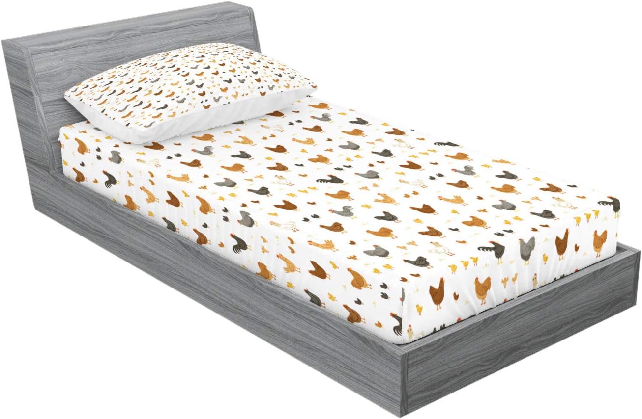 Ambesonne Juego de sábanas bajeras rurales y fundas de almohada, pollos y pollos, plumas, animales, gallo, caricatura, agrícola, juego de ropa de