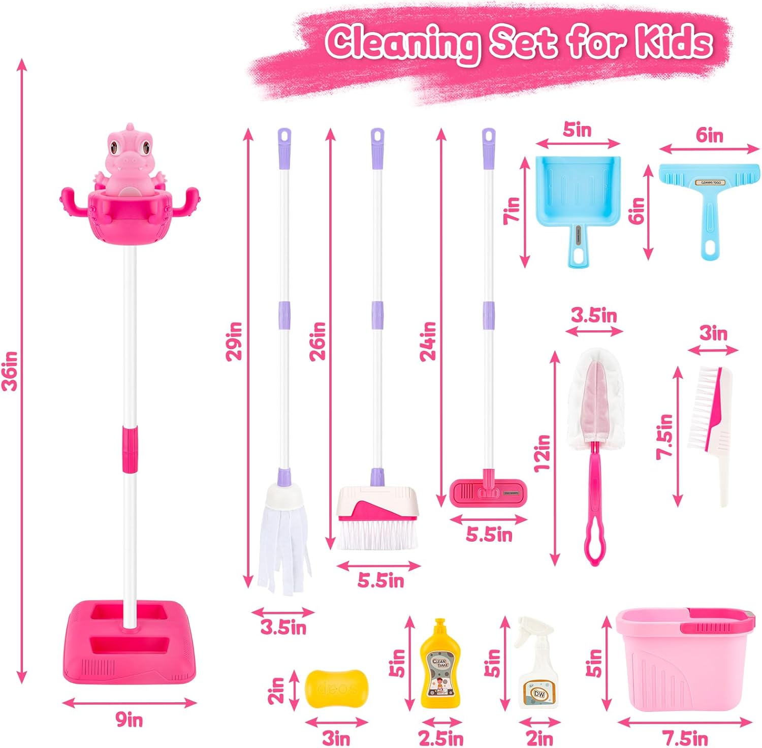 deAO Juego de limpieza para niños, 12 piezas, juego de limpieza para niños, juego de limpieza para niños, juego de escoba y trapeador para niños a