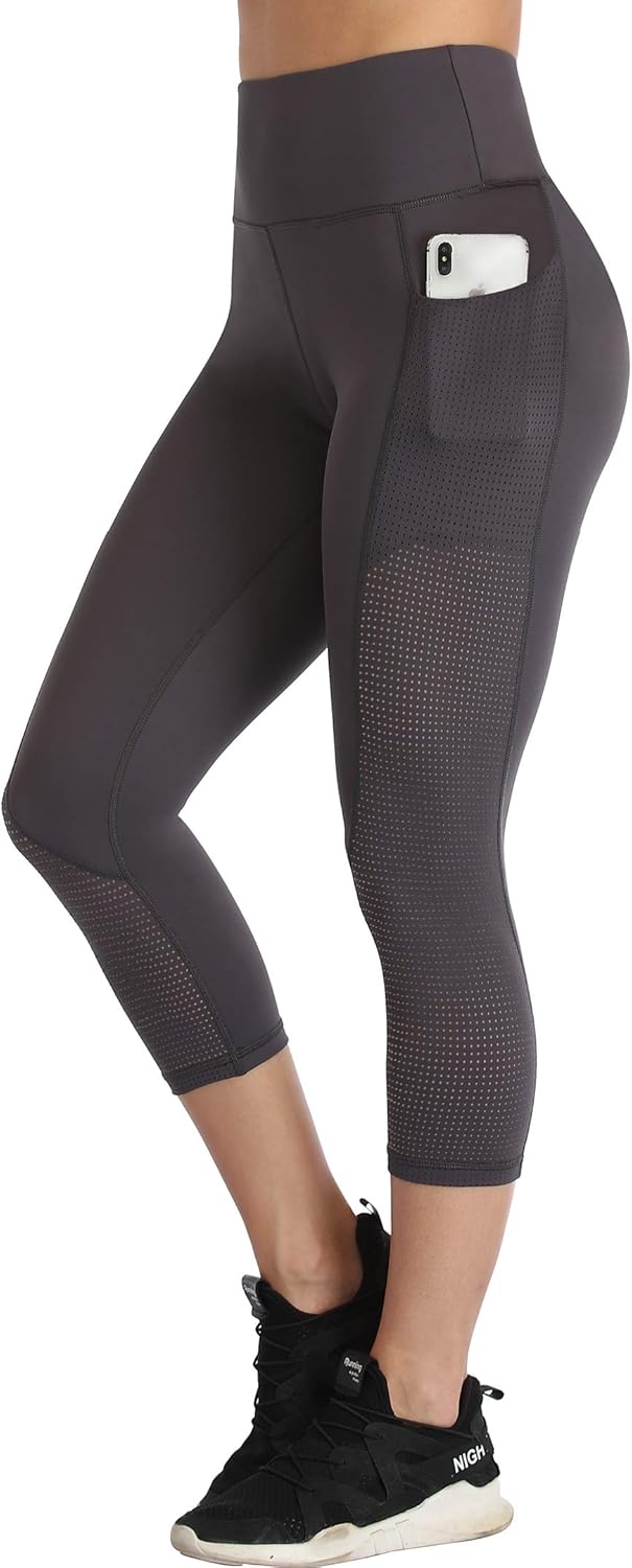 RAYPOSE Leggings de entrenamiento para mujer con bolsillos, talla grande, para gimnasio, cintura alta, pantalones de yoga capri con corte de malla