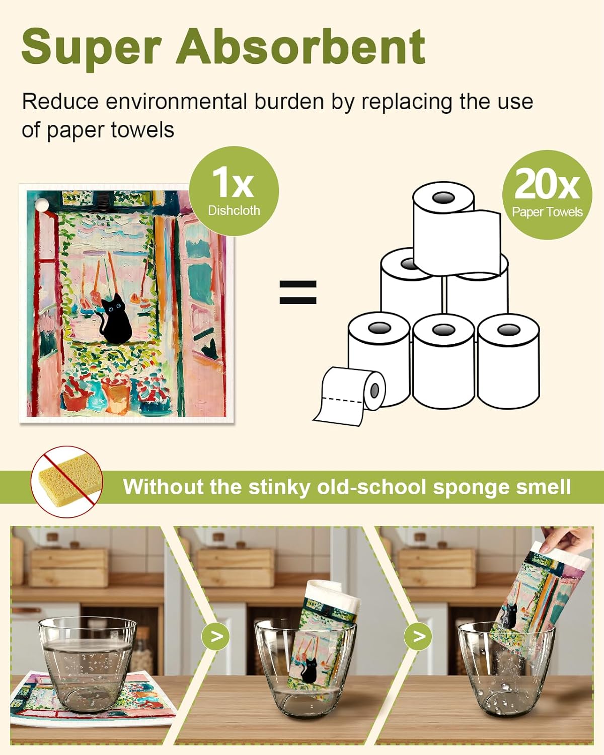 Paños de cocina suecos reutilizables para lavar platos, absorbentes, de secado rápido, esponja sueca, bonito patrón para decorar, paquete de 6
