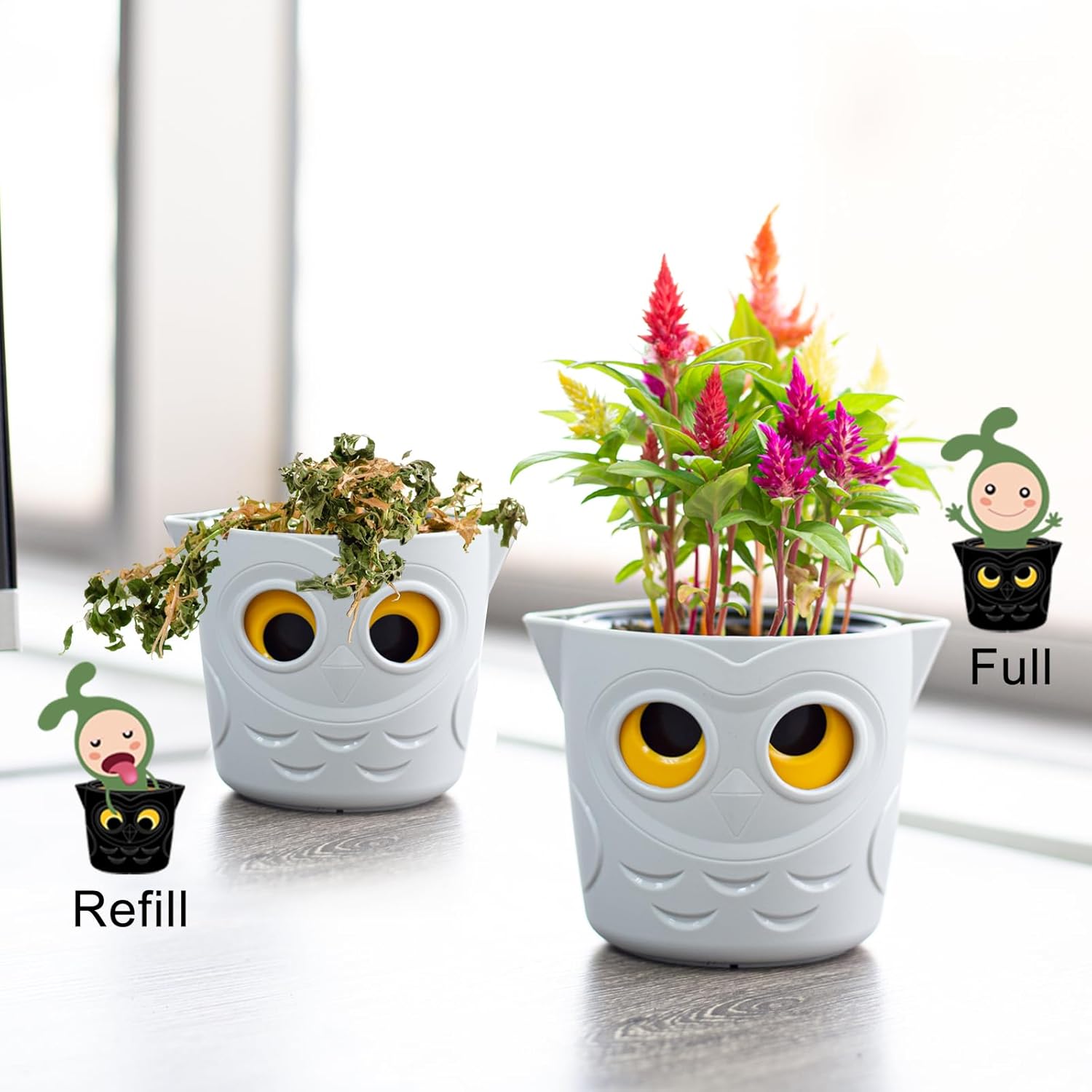 Restmo Paquete de 6 macetas de riego automático de 4 pulgadas para plantas de interior con indicador de nivel de agua de ojo de búho, bonitas