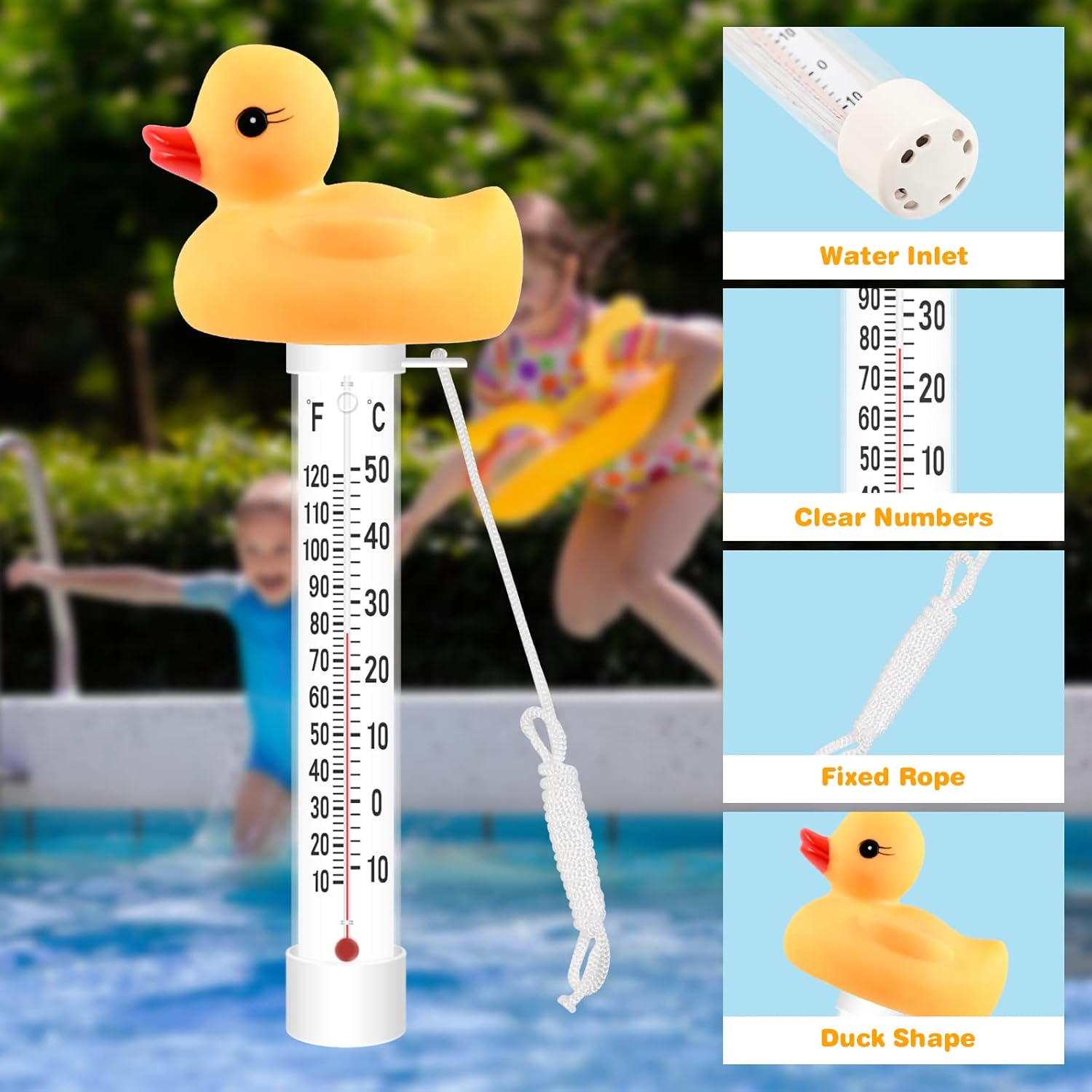 Termómetro flotante de fácil lectura, termómetro de piscina con cuerda, termómetro de agua de estanque de gran tamaño, resistente a roturas,