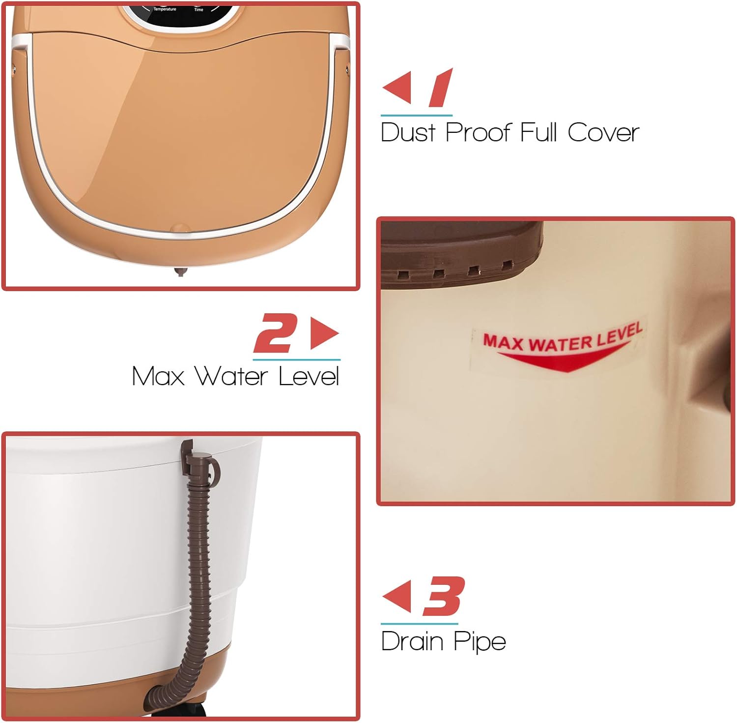 WELLHUT Masajeador de baño de spa para pies con bañera de calor para pies, marrón