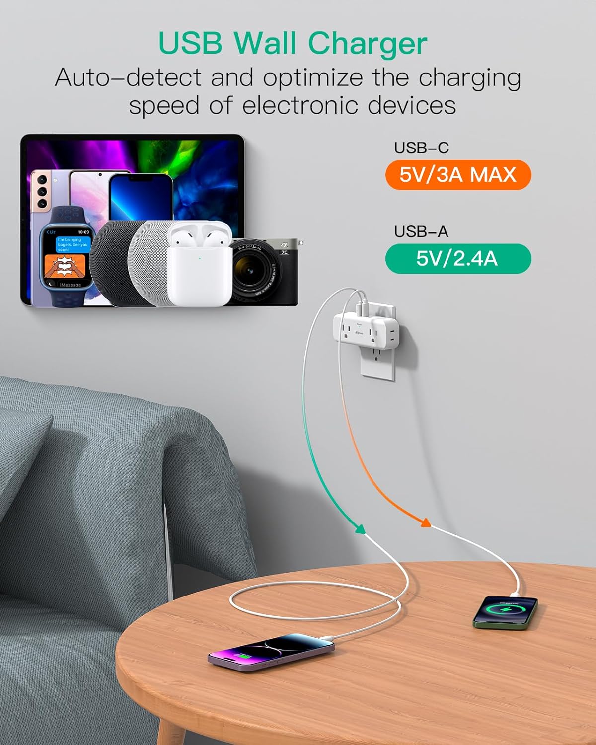 Extensor de tomacorriente, extensión de 4 salidas con 1 cargador de pared USB-A 2 USB-C, divisor de salida de enchufe múltiple, expansor de salida