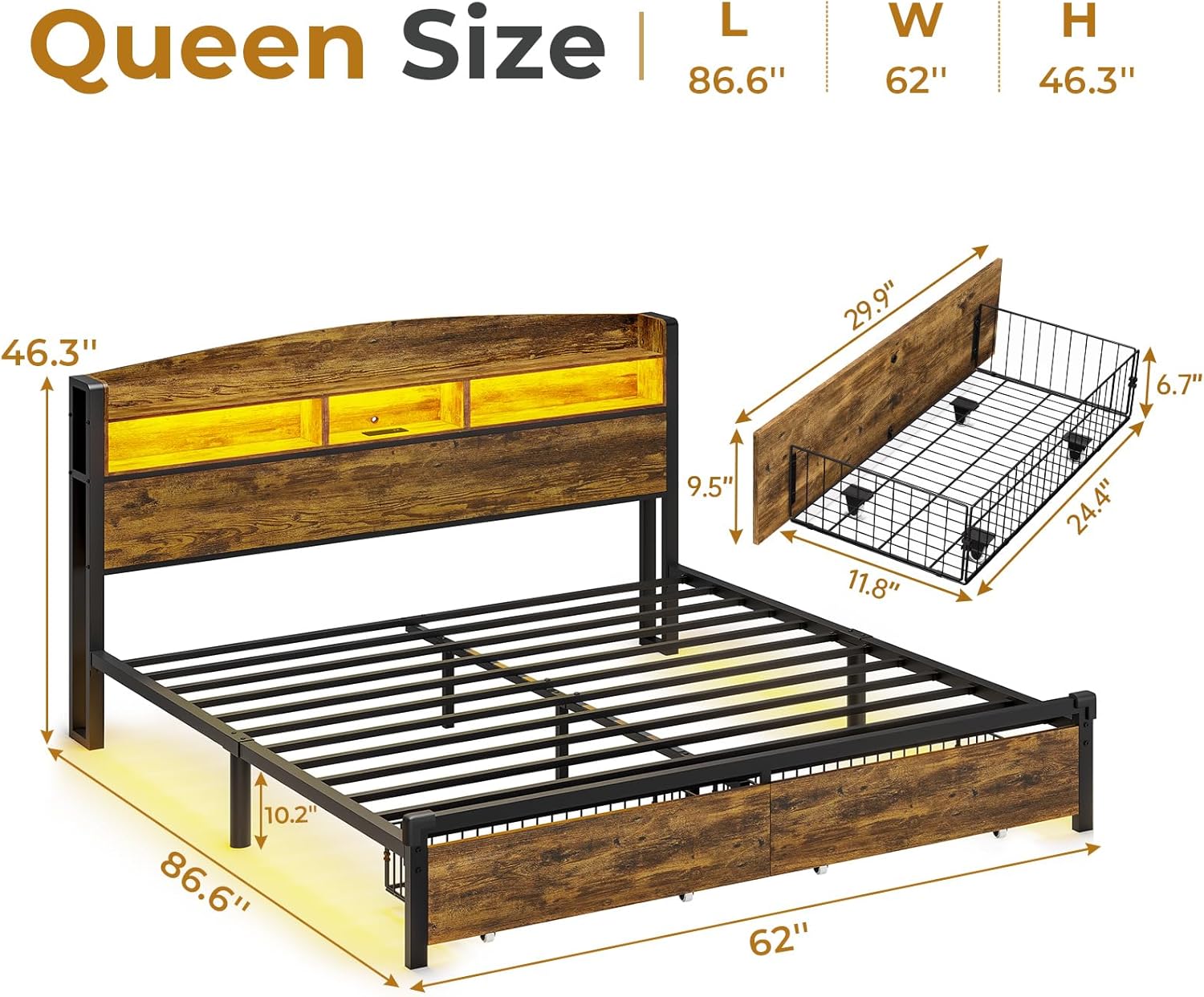 Base de cama tamaño Queen con cabecera de luz LED, estación de carga USB-CA, plataforma de metal con cajones de almacenamiento, cabecera de